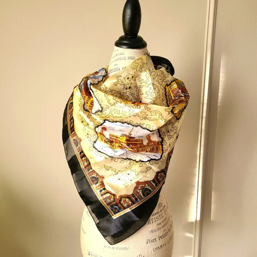 Raffaello Roma  scarf  square Rome Architecture faux silk beige brown 38×38 in.